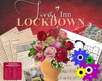 May include: A collage of images with a red background and the text "Lovers Inn Lockdown". The collage includes a bouquet of red and pink roses, a vintage letter, a floor plan, and a musical score.