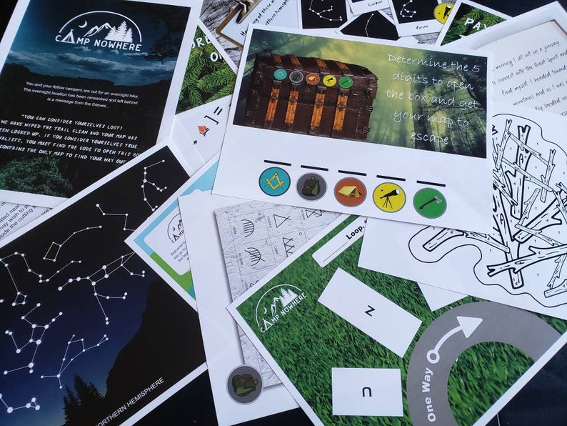 May include: A set of game cards with a variety of activities and puzzles. The cards feature a green and white color scheme with illustrations of a compass, a tent, a telescope, and a campfire. The cards also include text such as "Camp Nowhere" and "Determine the 5 digits to open the box and get your map to escape."