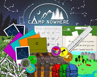 May include: A collage of images related to camping and nature. The centre of the image features a wooden treasure chest with a green, red, and blue backpack on top. The image also includes a compass, a ruler, a telescope, a stack of books, a tent, a campfire, and a forest scene. The text "CAMP NOWHERE" is visible in the top centre of the image.