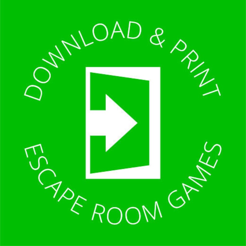 May include: White text on a green background reads "Download & Print Escape Room Games". A white silhouette of a door with an arrow pointing to the right is in the center of the circle.