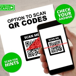 May include: A white sheet of paper with the text "OPTION TO SCAN QR CODES" and "SCAN FOR HINTS" in green circles. A smartphone is being used to scan a QR code on the paper. The text "CHECK YOUR ANSWER" is in a green circle.