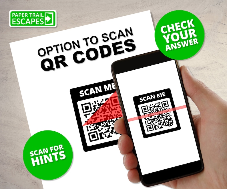 May include: A white sheet of paper with the text "OPTION TO SCAN QR CODES" and "SCAN FOR HINTS" in green circles. A smartphone is being used to scan a QR code on the paper. The text "CHECK YOUR ANSWER" is in a green circle.