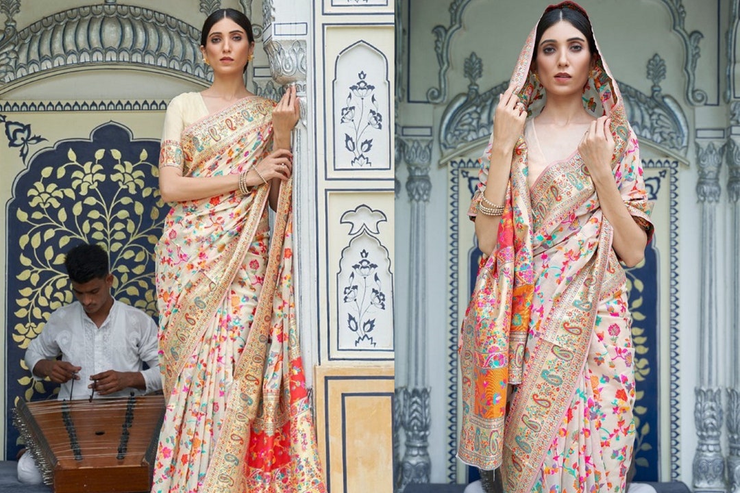 String Beige Floral Kashmiri Weaving Silk Wedding Party Saree