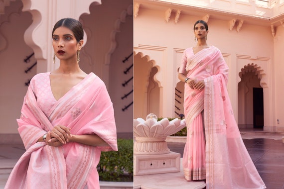 Blush Pink Linen Designer Saree With Matching Blouse for Women