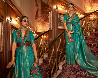 Ocean Blue Green Kanjivaram Saree With Beautiful Rich Pallu And blouse For Women Wedding Wear Indian traditional bridesmaid saree VSAREE