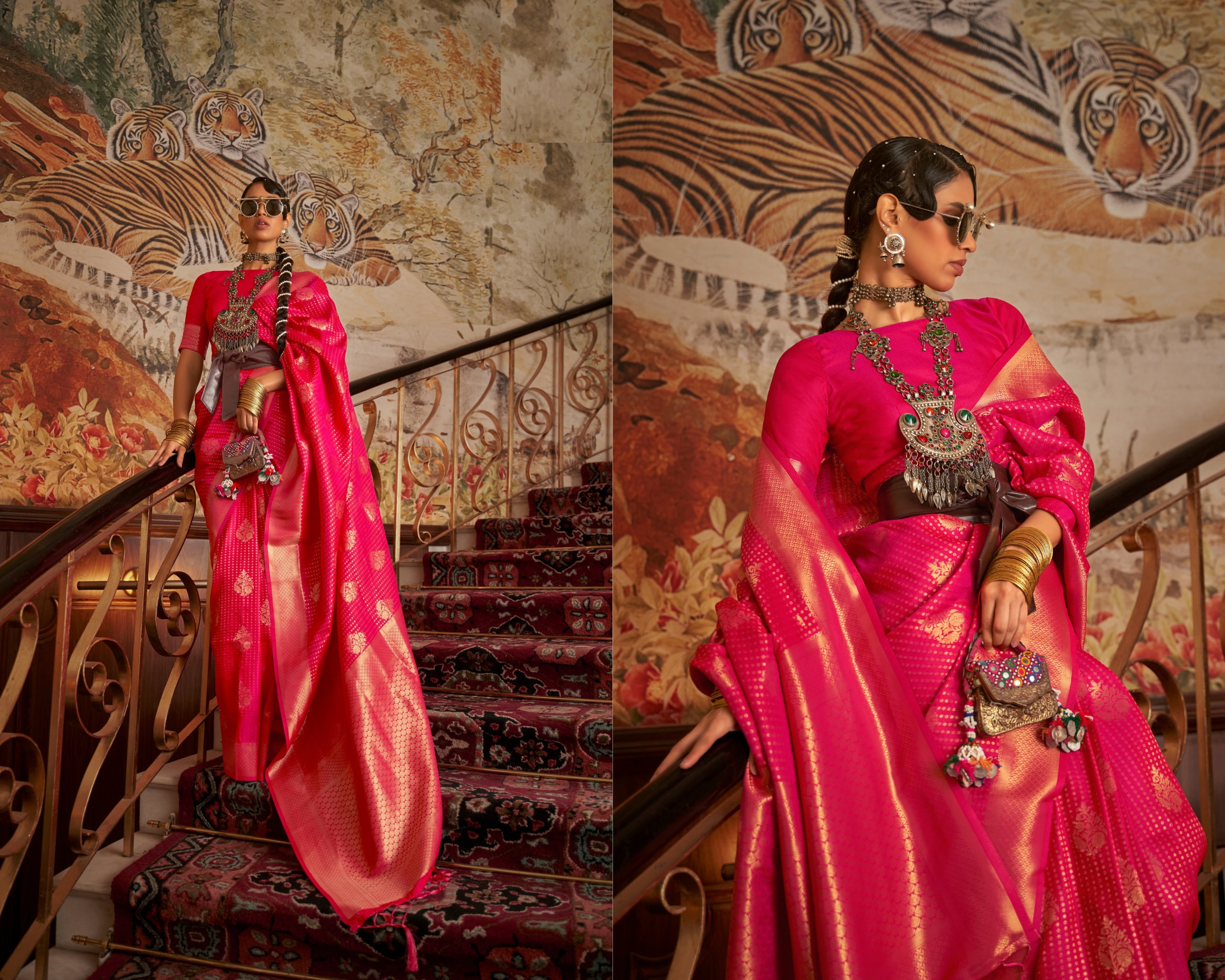 Designer Rose Red Saree with Blouse Piece, Length: 5.5 m