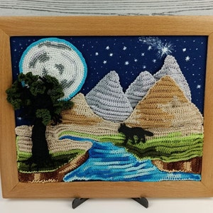 Crocheted Mountain Landscape with Wolf and Full Moon | Handmade Nature Wall Art