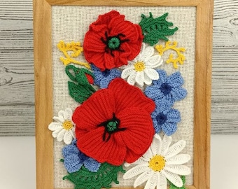 Handmade Crochet Art: Poppies, Cornflowers, and Daisies