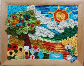 Crochet Landscape Textile Painting | Handmade Wall Decor, Cozy Farmhouse Artwork