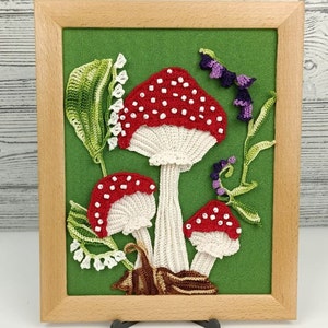 Handmade Crochet Picture | Fly Agaric Mushrooms and Forest Flowers
