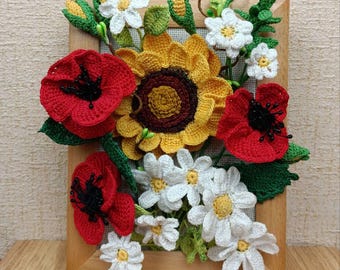 Vibrant Floral Crochet Art - 3D Sunflower - Poppy - Daisy Bouquet