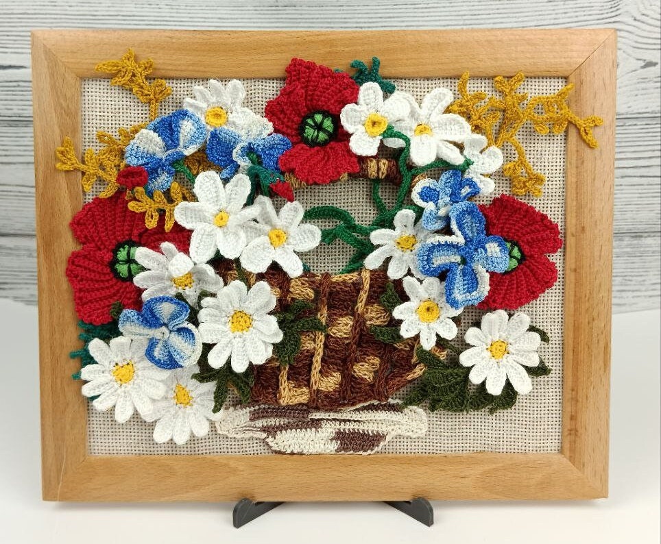 Crochet Flowers Basket Wall Art