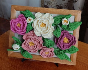 Handmade Crochet Peonies Wall Art: Vintage Floral Decor