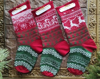 Handmade Wool Knitted Christmas Stocking: Deer Design, Red & Green