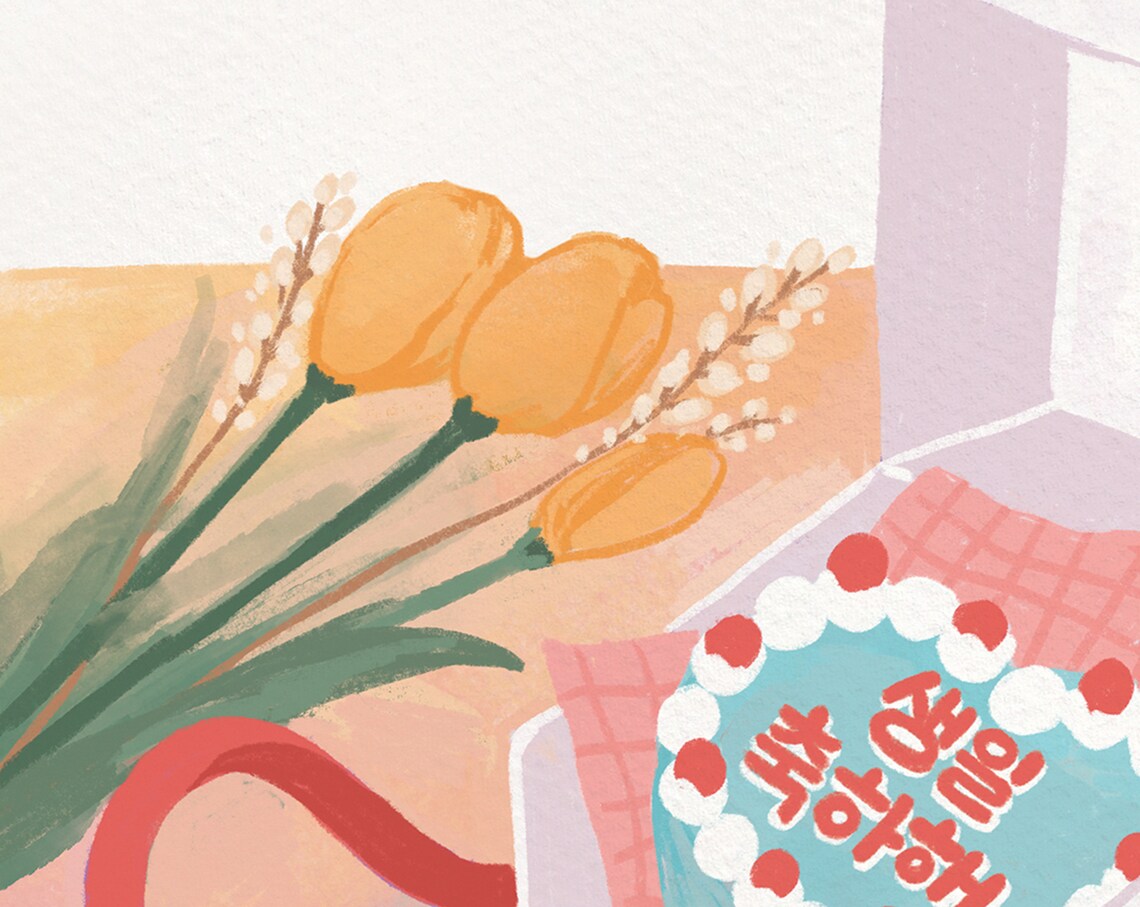 Happy Birthday Card in Korean, Printable Korean Hangul Cake Card