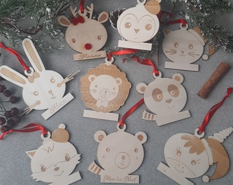Boule de Noël animal, décoration de sapin, ornement fêtes de fin d'année enfant personnalisé en bois