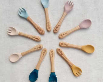 Baby cutlery made of silicone and wood, fork and spoon personalized for children