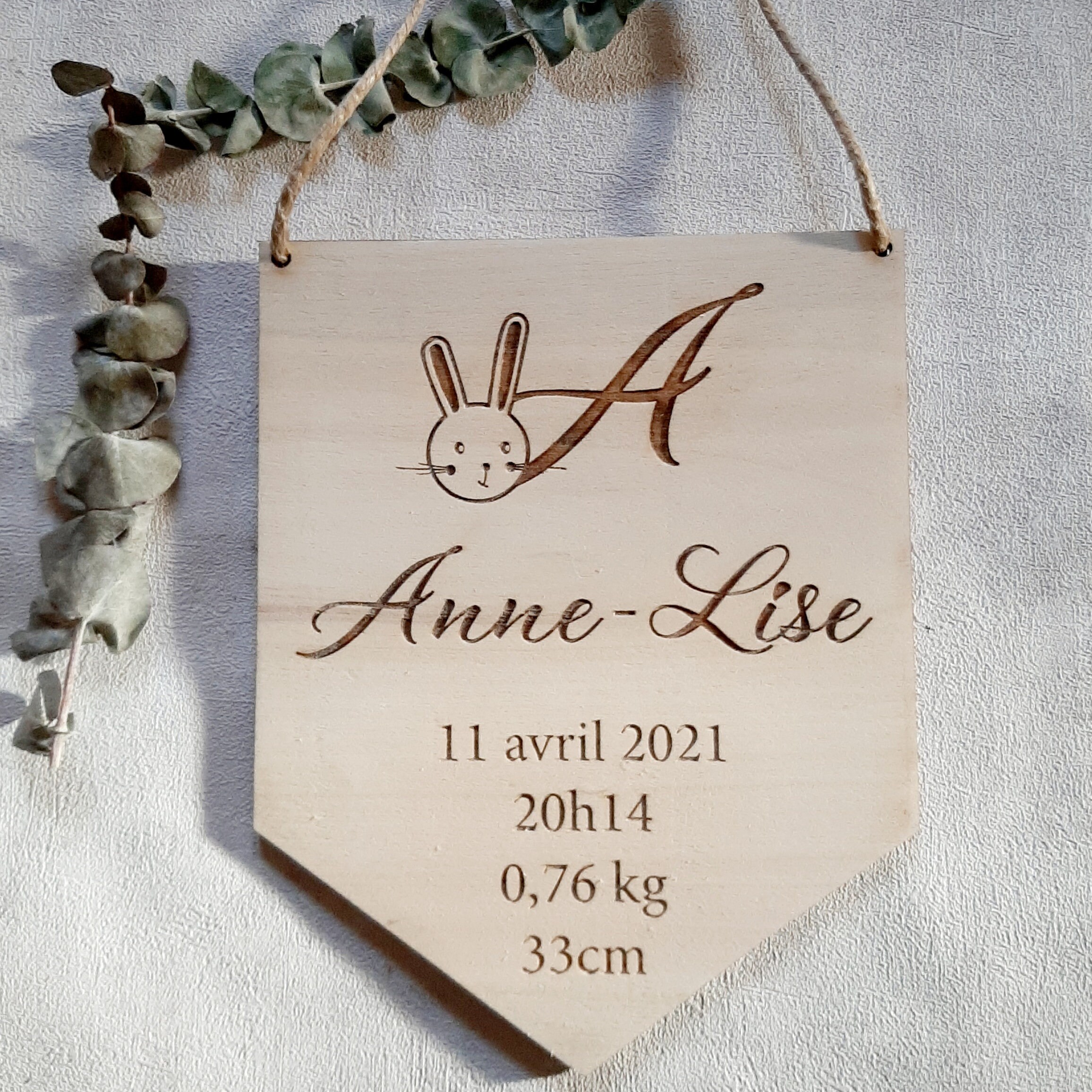 Fanion de Naissance, Cadeau Baby Shower, Pancarte Pour Chambre d'enfant en Bois, Initiales Bébé