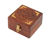 Wooden Jewellery Box for Women Jewel Organizer Square Carving with Brass Corner Handmade