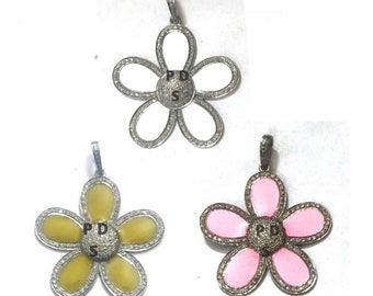 Beautiful flower design Rosecut pave diamond pendant 925 sterling silver handmade finish enameling designer diamond pendant jewelry