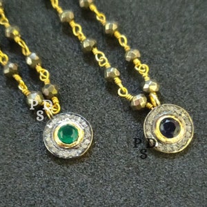 18&quot; Long Natural Pyrite Beaded Chain Necklace With Pave Diamond Charm , Pave Diamond Round Charm Size 13X10mm, Stone