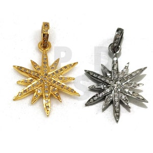 Pave Diamond Starburst Charm In 925 Sterling Silver, Pave Diamond Sun Star Charm, Pave Diamond Pendant, Pave Diamond Sunburst Pendant, Charm