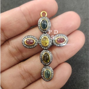 1 Pc Cross Pendant, Pave Diamond Cross Pendant, Multi Tourmaline Cross Pendant, , Pave Diamond Pendant, Diamond Jewelry