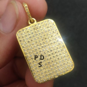 Pavé Diamond Rectangle Pendant In 925 Sterling Silver, Gold Tag Charm, Pavé Rectangle Pendant, Diamond Tag Pendant, Pave Diamond Pendant