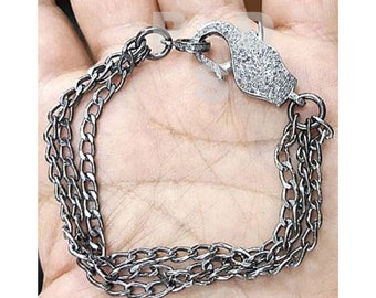 Pave Diamond Lobster Lock Bracelet, Oxidized Sterling Silver Clasp
