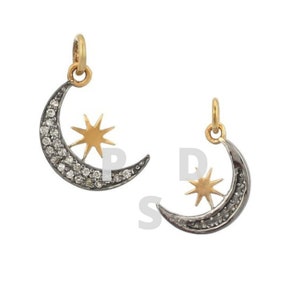 Pave Diamond Pendant, Moon Star Pendant, Silver Moon Pendant, Handmade Jewelry, Diamond Moon Star Pendant, Crescent Moon Star