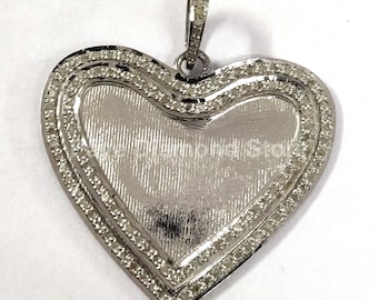 Pave Diamond Enamel Heart Pendant, Sterling Silver Charm (34x30mm)