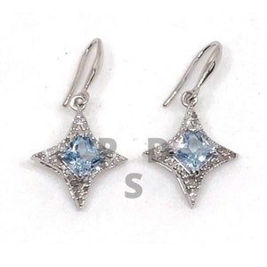 Pave Diamond Blue Topaz Earring, Pave Diamond Earring, Sterling Silver Earring, Pave Diamond French Hook Earring, Pave Diamond Jewelry