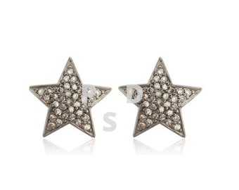 Pave Diamond Star Stud Earrings, Sterling Silver Rose Cut Diamond Jewelry