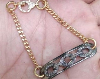Pave Diamond Rounded Link Bracelet, Gold Brass Chain, Sterling Silver Clasp
