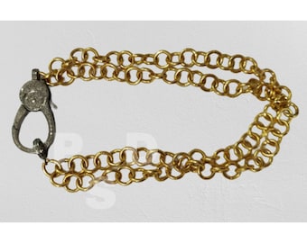 Pave Diamond Lobster Lock Bracelet, Oxidized Sterling Silver Clasp, Gold Brass Chain