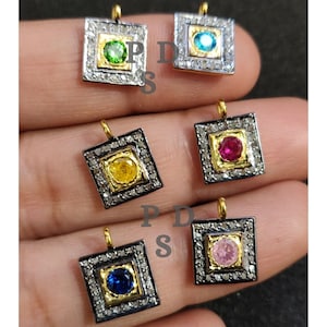 Pave Diamond Square Charm, Multi Color Stone Square Charm,  Pave Diamond Charm, Pave Diamond Jewelry, Handmade Charm, Handmade Square Charm