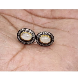 1 Pair Pave Diamond Stud, Rainbow Moonstone Stud Earring, Pave Diamond Rosecut Stud Earring,  Handmade Stud, Pave Jewelry