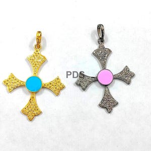 Pave Diamond Enamel Cross Pendant In 925 Sterling Silver, Pave Diamond Pendant, Pave Diamond Enamel Pendant, Pave Diamond Cross Pendant