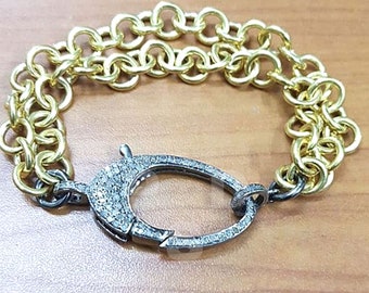 Pave Diamond Lobster Clasp Bracelet, Gold Brass Chain, Sterling Silver Lock