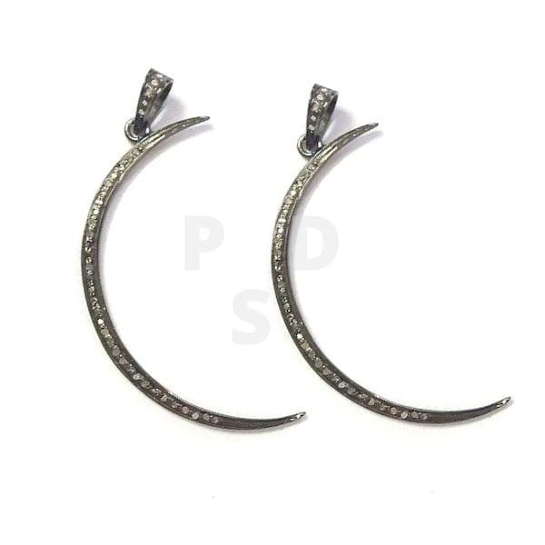 Oxidized Sterling Silver Pave Diamond Crescent Moon Pendant (50X3mm)