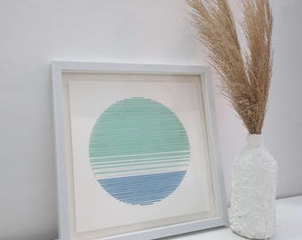 Handgestikt papieren borduurwerk, minimalistische cirkelkunst, ingelijste muurdecoratie