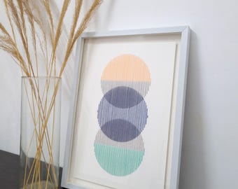 Moderne borduurkunst uit het midden van de eeuw, ingelijste muurdecoratie van textiel