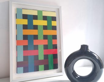 Kleurrijke geweven wanddecoratie, handgemaakte textielkunst, boho-decor