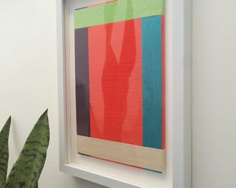 Geometrische vezelkunst, kleurrijke textielmuurdecoratie, ingelijste kunst