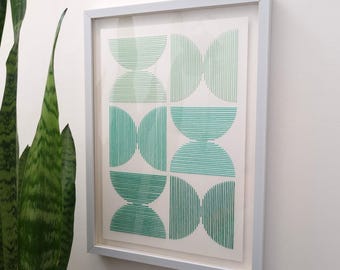 Borduurkunst in Bauhaus-stijl, modern muurdecor uit het midden van de eeuw, handgemaakt