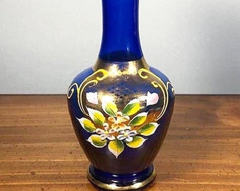 Vintage Czech Republic Hand Painted Blue Glass Vase