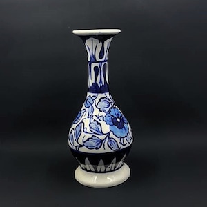 Hand Painted Blue Floral Ceramic Vase – Vintage Style White Bud Vase – Boho Blue Flower Pottery