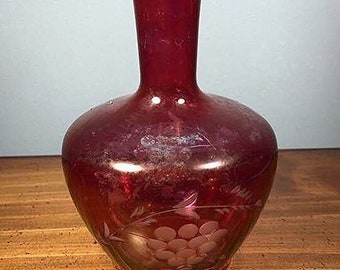 Vintage Cranberry Etched Glass Floral Vase