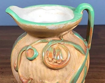 Brown & Green Creamer - Vintage Raised Floral Design - Farmhouse Kitchen Decor