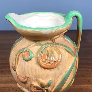 Vintage Boho Ceramic Creamer with Raised Floral Design - Earthy Brown & Green Farmhouse Kitchen Decor